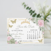 Sage Groen Roze Bloemen Quinceanera 16e Kalender Save The Date (Staand voorkant)