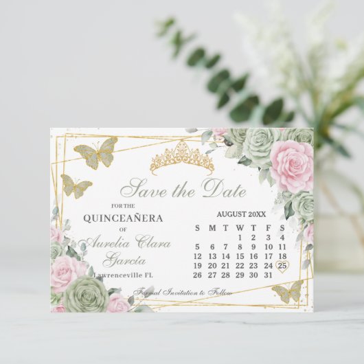 Sage Groen Roze Bloemen Quinceanera 16e Kalender Save The Date (Staand voorkant)