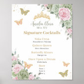 Sage Groen Roze Bloemen Quinceanera Bar Drink Menu Poster (Voorkant)