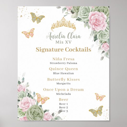 Sage Groen Roze Bloemen Quinceanera Bar Drink Menu Poster (Voorkant)