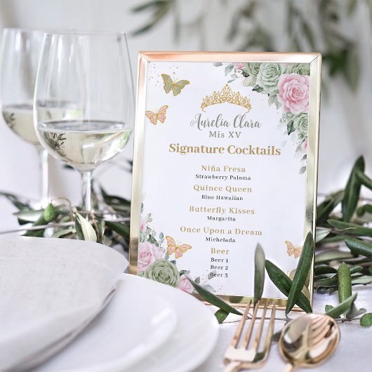 Sage Groen Roze Bloemen Quinceanera Bar Drink Menu Poster
