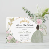 Sage Groen Roze Bloemen Quinceanera Bruin Prinses Save The Date (Staand voorkant)