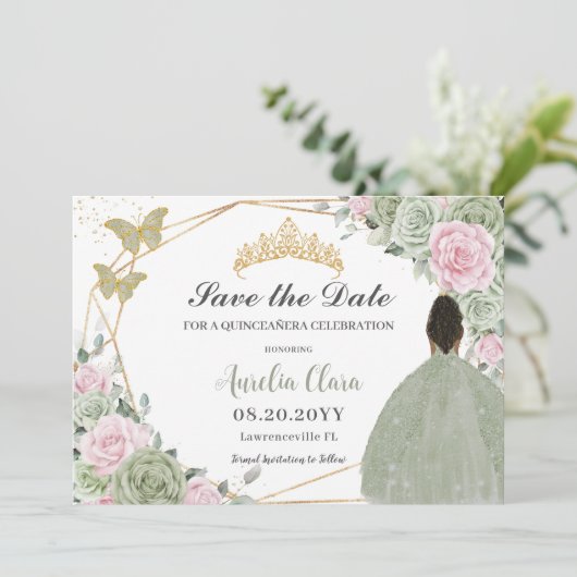 Sage Groen Roze Bloemen Quinceanera Bruin Prinses Save The Date (Staand voorkant)
