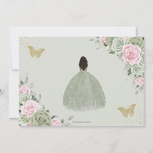 Sage Groen Roze Bloemen Quinceanera Bruin Prinses Save The Date (Achterkant)