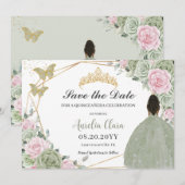 Sage Groen Roze Bloemen Quinceanera Bruin Prinses Save The Date (Voorkant / Achterkant)