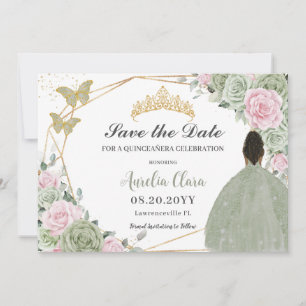 Sage Groen Roze Bloemen Quinceanera Bruin Prinses Save The Date