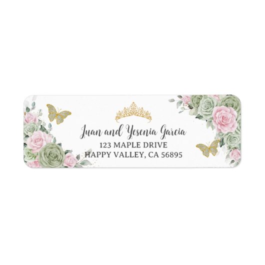 Sage Groen Roze Bloemen Quinceanera Retouradres Etiket (Voorkant)