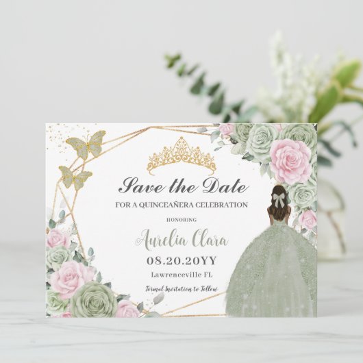 Sage Groen Roze Bloemen Quinceanera Tan Prinses Save The Date (Staand voorkant)
