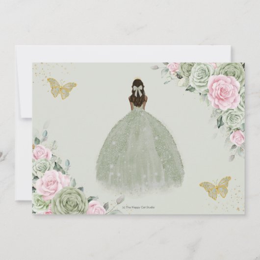 Sage Groen Roze Bloemen Quinceanera Tan Prinses Save The Date (Achterkant)