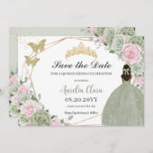 Sage Groen Roze Bloemen Quinceanera Tan Prinses Save The Date (Voorkant / Achterkant)