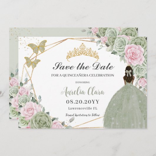 Sage Groen Roze Bloemen Quinceanera Tan Prinses Save The Date (Voorkant / Achterkant)