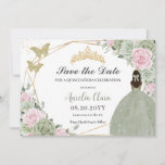 Sage Groen Roze Bloemen Quinceanera Tan Prinses Save The Date<br><div class="desc">c) De Happy Cat Studio</div>