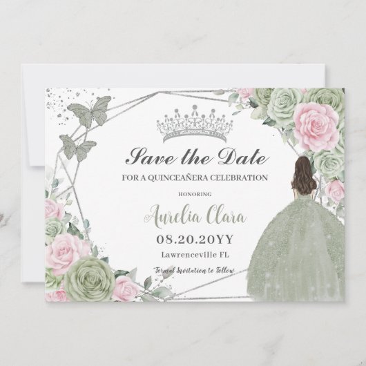 Sage Groen Roze Bloemen Zilver Quinceanera Prinses Save The Date (Voorkant)
