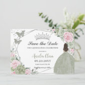 Sage Groen Roze Bloemen Zilver Quinceanera Prinses Save The Date (Staand voorkant)