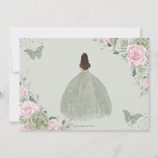 Sage Groen Roze Bloemen Zilver Quinceanera Prinses Save The Date (Achterkant)