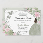 Sage Groen Roze Bloemen Zilver Quinceanera Prinses Save The Date (Voorkant / Achterkant)