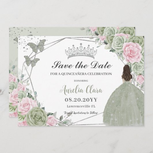 Sage Groen Roze Bloemen Zilver Quinceanera Prinses Save The Date (Voorkant / Achterkant)