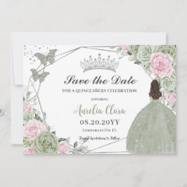 Sage Groen Roze Bloemen Zilver Quinceanera Prinses Save The Date