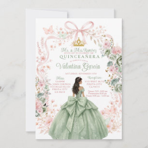 Sage Groen Roze Bloemig Gouden Prinses Quinceañera Kaart