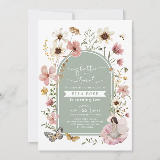 Sage Groen Roze Boho Fairy Wildflower Verjaardag Kaart (Voorkant)