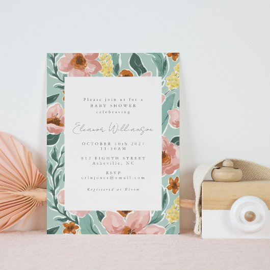 Sage Groen Roze Botanisch Baby shower Kaart