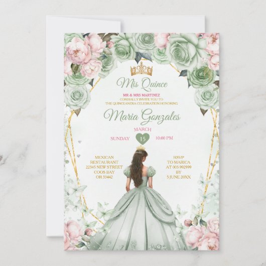 Sage Groen Roze Mis Quince 15 Anos Kroon Kaart (Voorkant)