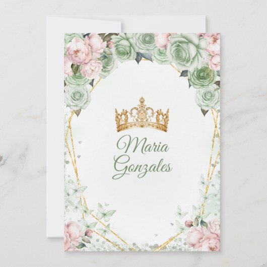 Sage Groen Roze Mis Quince 15 Anos Kroon Kaart (Achterkant)