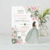 Sage Groen & Roze Prinses Floral Goud Quiñceanera Kaart (Staand voorkant)