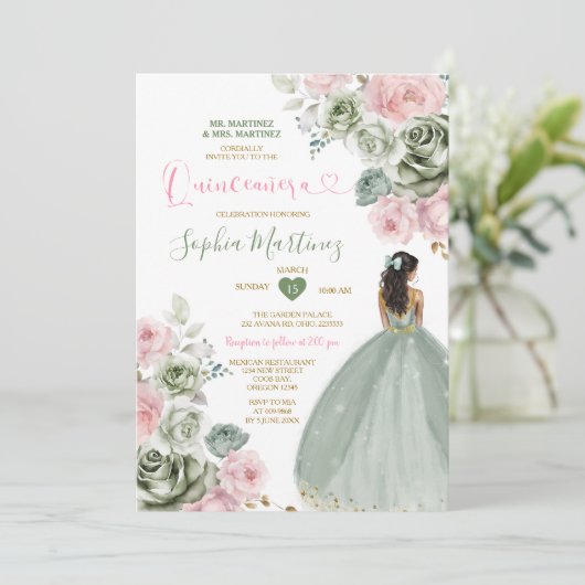 Sage Groen & Roze Prinses Floral Goud Quiñceanera Kaart (Staand voorkant)
