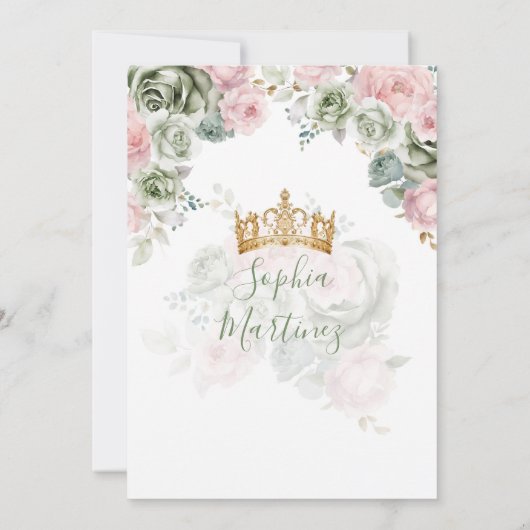 Sage Groen & Roze Prinses Floral Goud Quiñceanera Kaart (Achterkant)