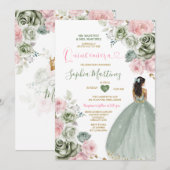 Sage Groen & Roze Prinses Floral Goud Quiñceanera Kaart (Voorkant / Achterkant)