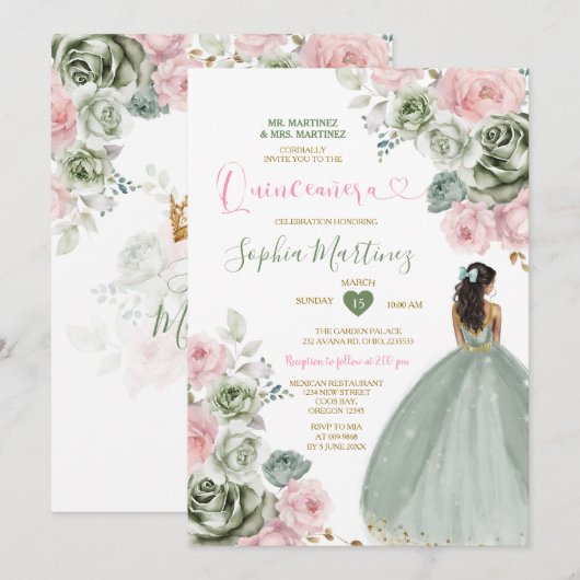 Sage Groen & Roze Prinses Floral Goud Quiñceanera Kaart (Voorkant / Achterkant)