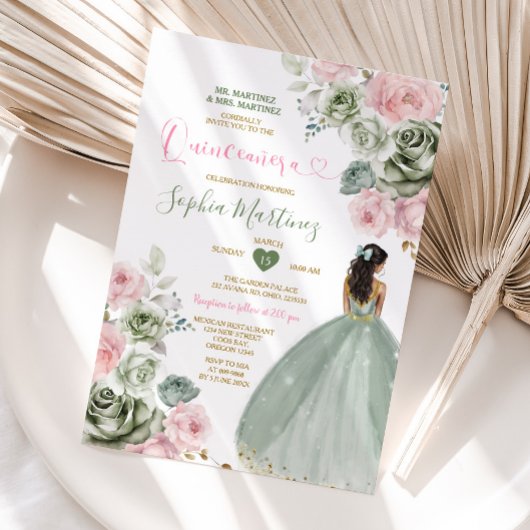 Sage Groen & Roze Prinses Floral Goud Quiñceanera Kaart