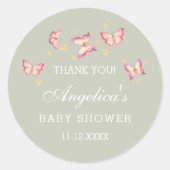 Sage Groen Roze Vlinder Baby shower Dank u Ronde Sticker (Voorkant)