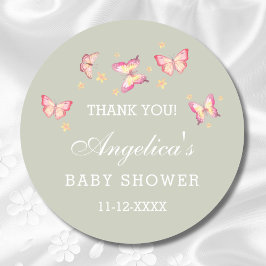 Sage Groen Roze Vlinder Baby shower Dank u Ronde Sticker