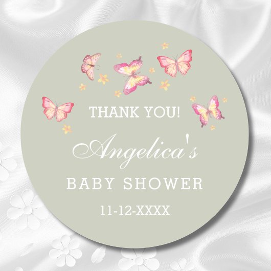 Sage Groen Roze Vlinder Baby shower Dank u Ronde Sticker
