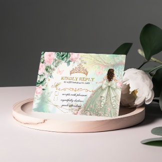 Sage Groen Roze Whimsical Bos Quinceañera RSVP Kaartje