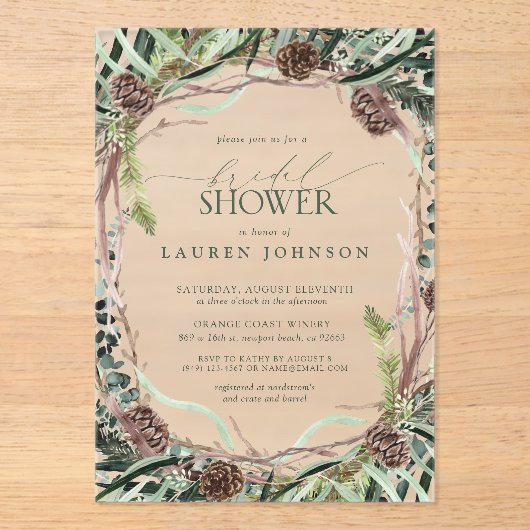 Sage Groen Rustiek Groen Pinecone Vrijgezellenfees Acryl Uitnodigingen (Voorkant)