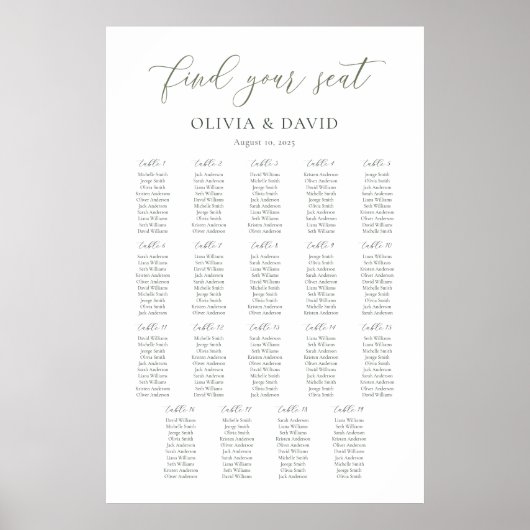 Sage Groen Script 19 tafels Zitgrafiek Poster (Voorkant)