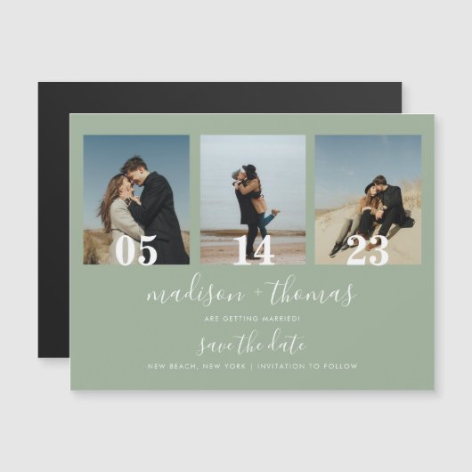 Sage Groen Script 3 Foto Bruiloft Save The Date Magnetische Uitnodiging (Voorkant / Achterkant)