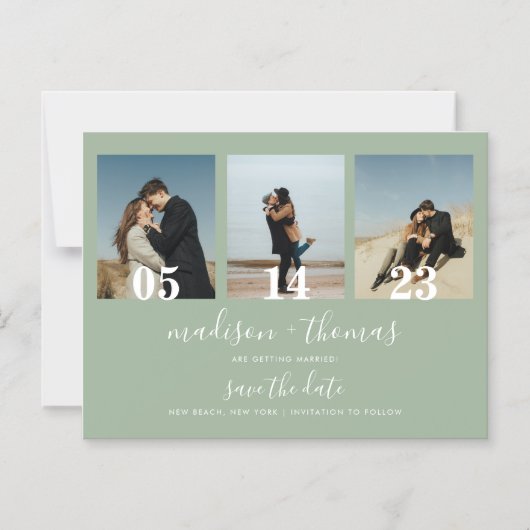 Sage Groen Script 3 Foto Bruiloft Save The Date Magnetische Uitnodiging (Voorkant)