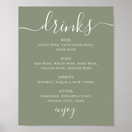 Sage groen script bruiloft alcohol drinken bar men poster (Voorkant)