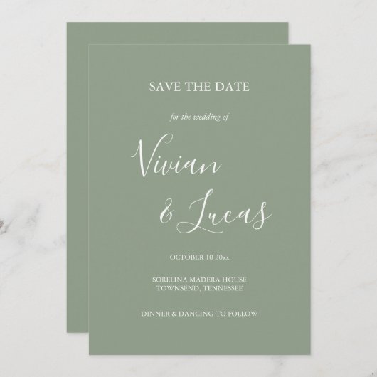 Sage Groen Script Bruiloft Sla de datum op Save The Date (Voorkant / Achterkant)