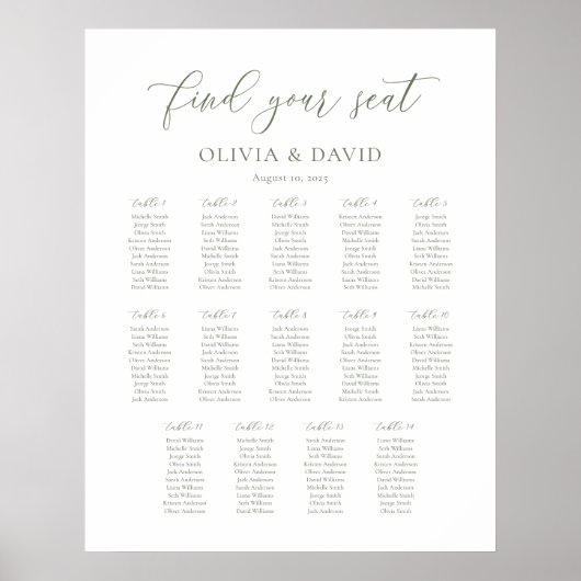 Sage Groen Script Elegant 14 tafel Zitgrafiek Poster (Voorkant)