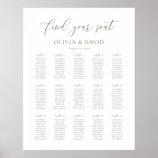 Sage Groen Script Elegant 15 tafel Zitgrafiek Poster (Voorkant)