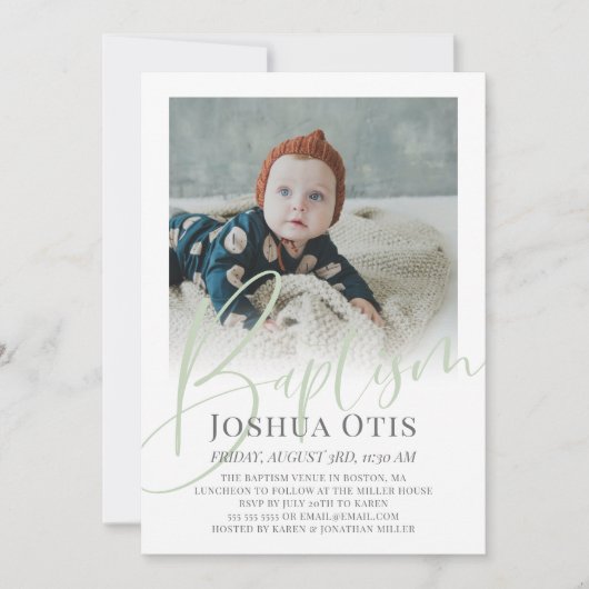 Sage Groen Script Foto Doop Kaart (Voorkant)