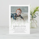 Sage Groen Script Foto Doop Kaart (Staand voorkant)