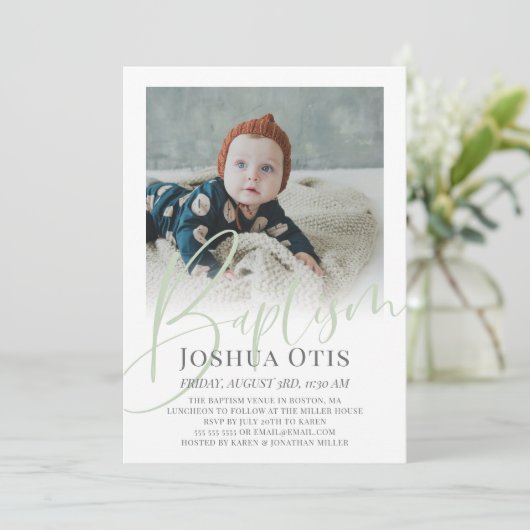 Sage Groen Script Foto Doop Kaart (Staand voorkant)