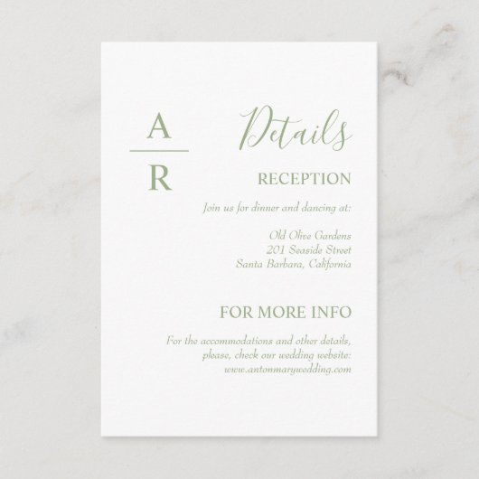 Sage groen script initialen typografie bruiloft informatiekaartje (Voorkant)