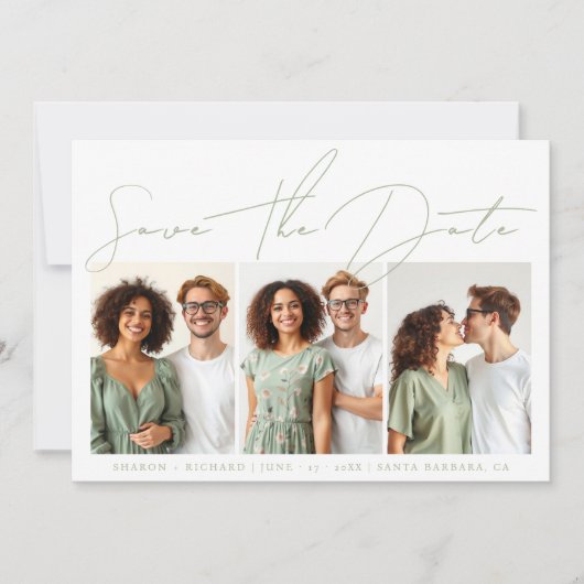 Sage groen script kalligrafie 3 fotocollage save the date (Voorkant)